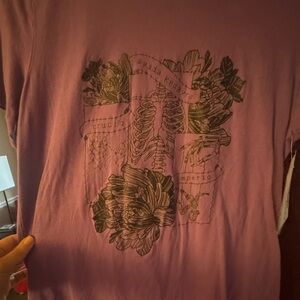 Purple Graphic T-Shirt with Floral and Skeleton Design